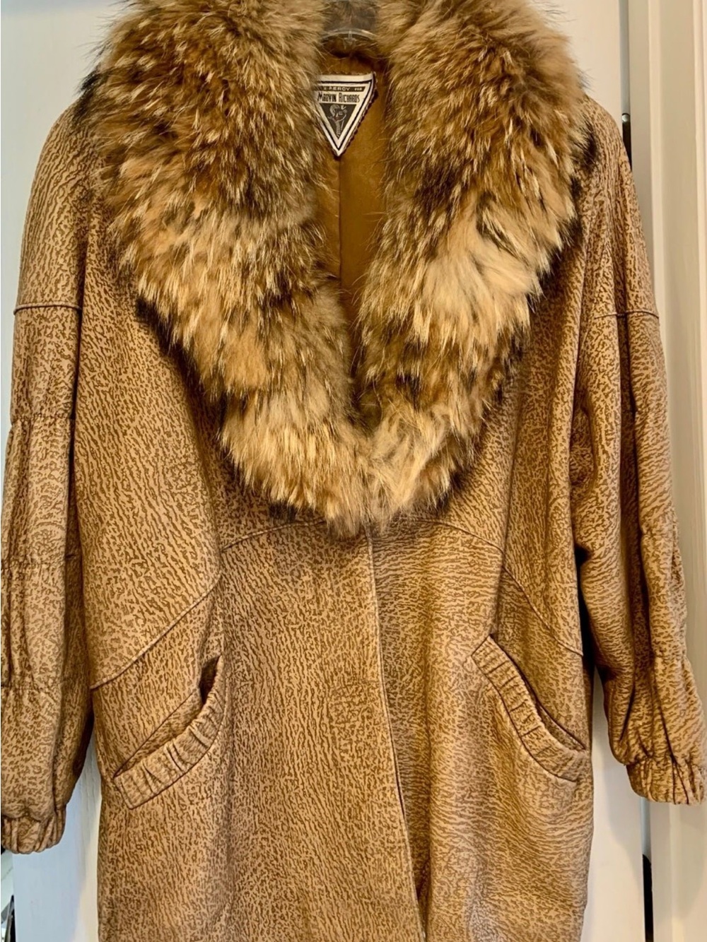 Vintage Marvin Richards Camel Brown Leather Jacket with Plush Fox Fur Collar